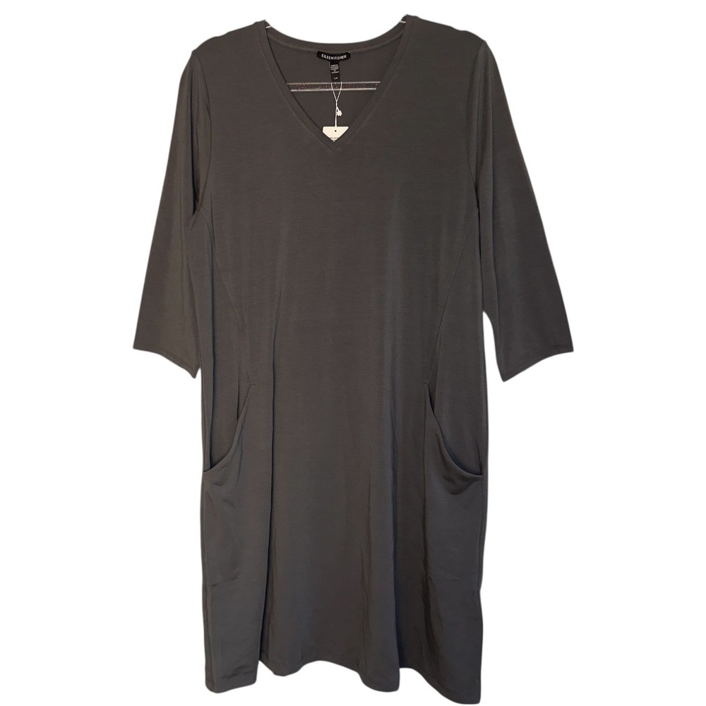 Eileen Fisher Large‎ Gray V-Neck A-Line Stretch Jersey Knit Dress Pockets NWT